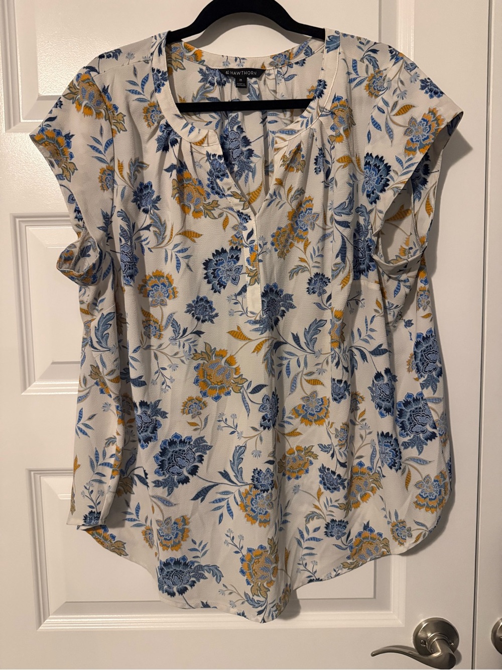 41 Hawthorn Cream Floral Split-Neck Blouse with Blue & Mustard Print